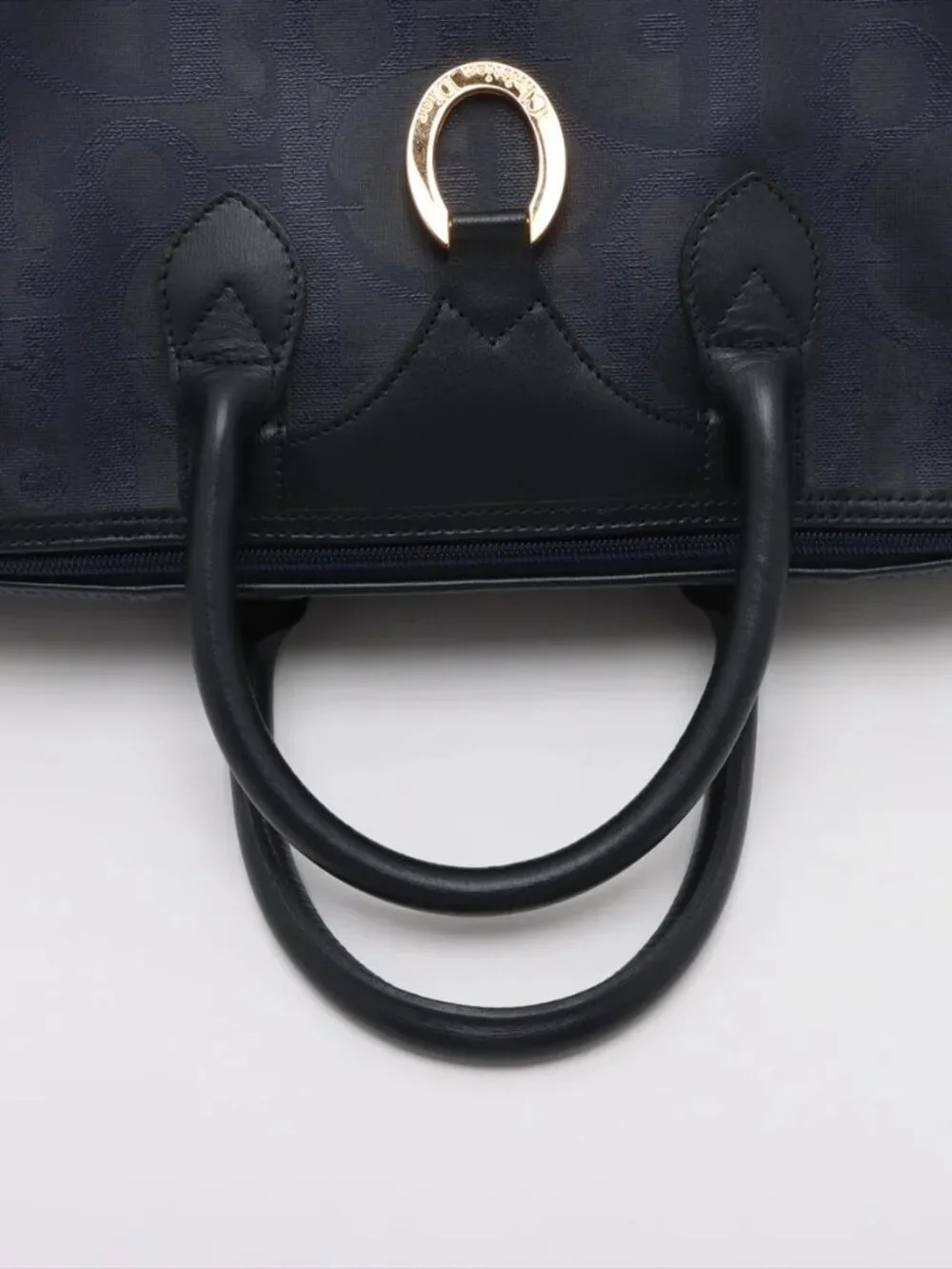 Rare Vintage Dior Navy Blue Leather Top-Handle Bag with Gold Accent